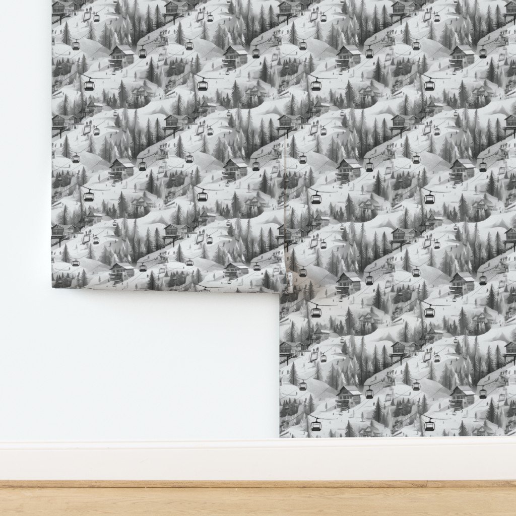 Vintage Ski Slope Cabins in Black and White Wallpaper design