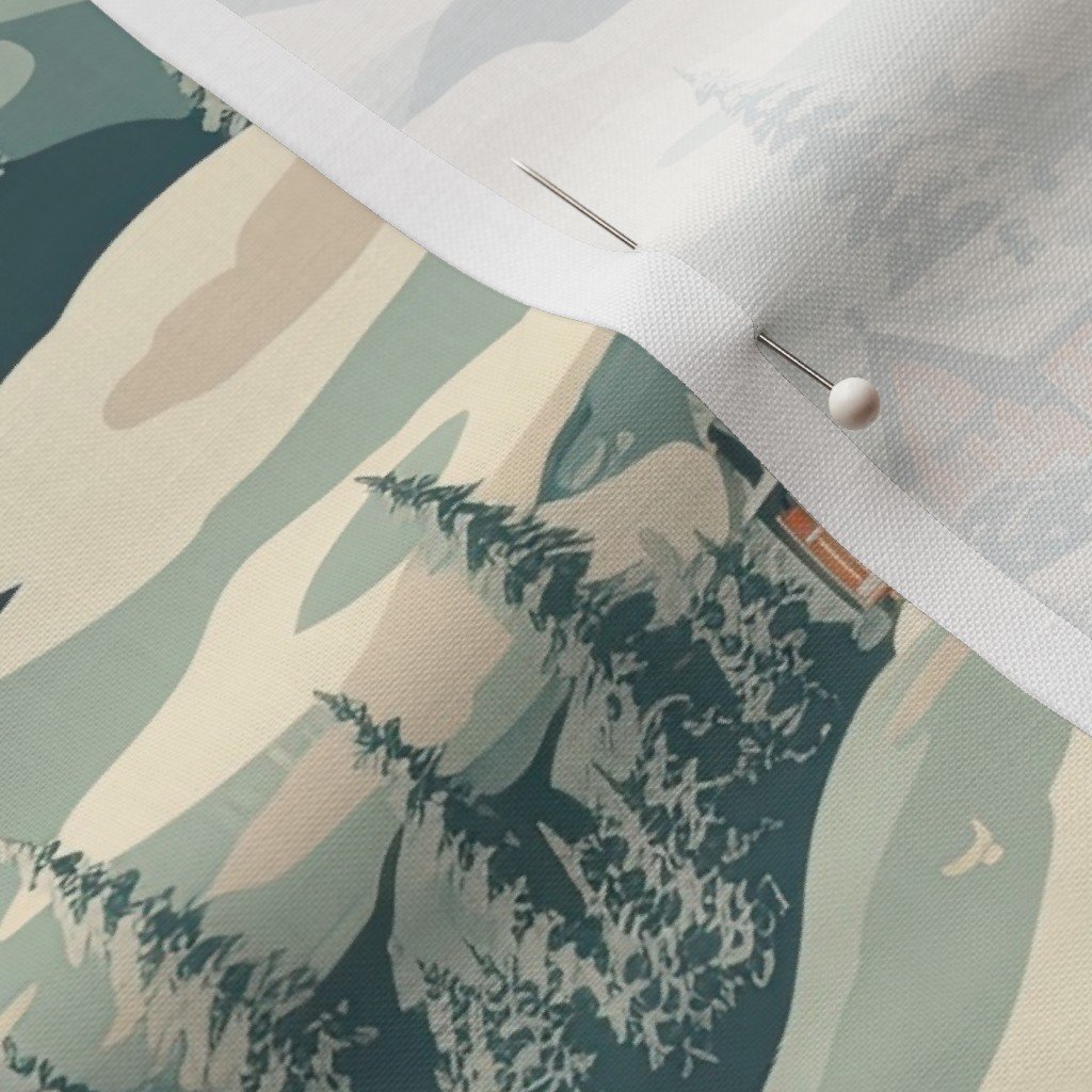 Small Vintage Ski Slope Cabins in Woods Blue Interior Collection Home Styling Collection ski village fabric