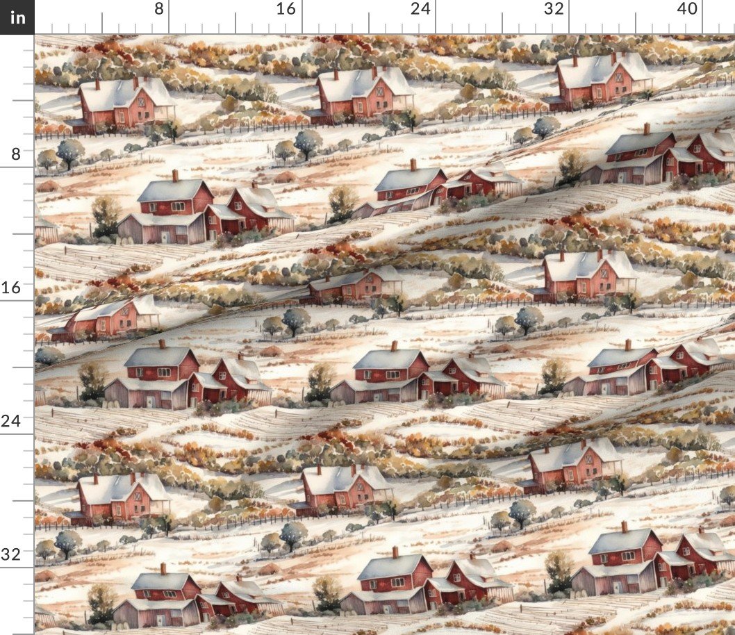 Winter Snowy Farm Landscape Watercolor Home Decor Collection Home Decor Collection farm landscape fabric