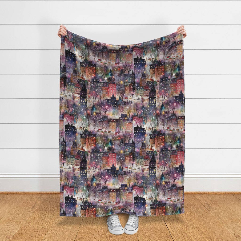 Large New York City Christmas Street Watercolor Home Styling Collection Home Styling Collection christmas town fabric