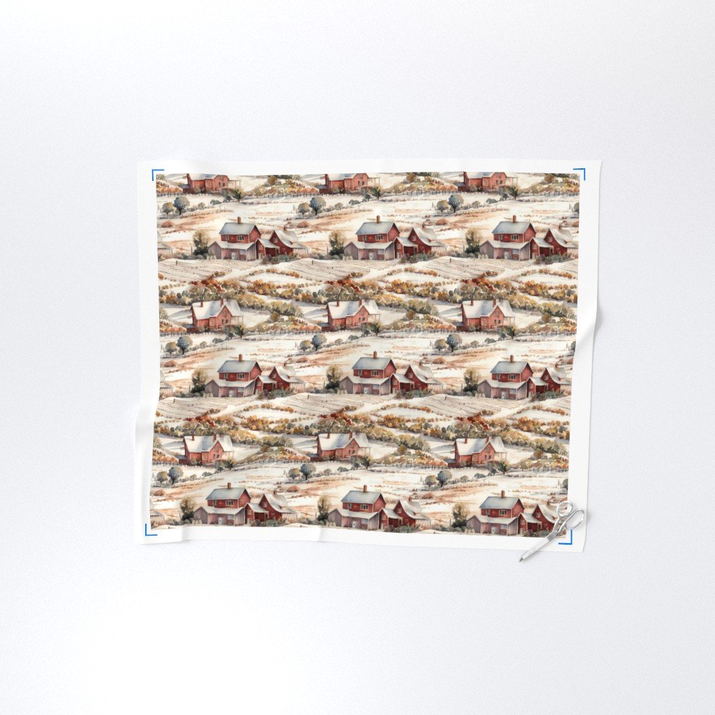 Winter Snowy Farm Landscape Watercolor Home Decor Collection Home Decor Collection farm watercolor fabric