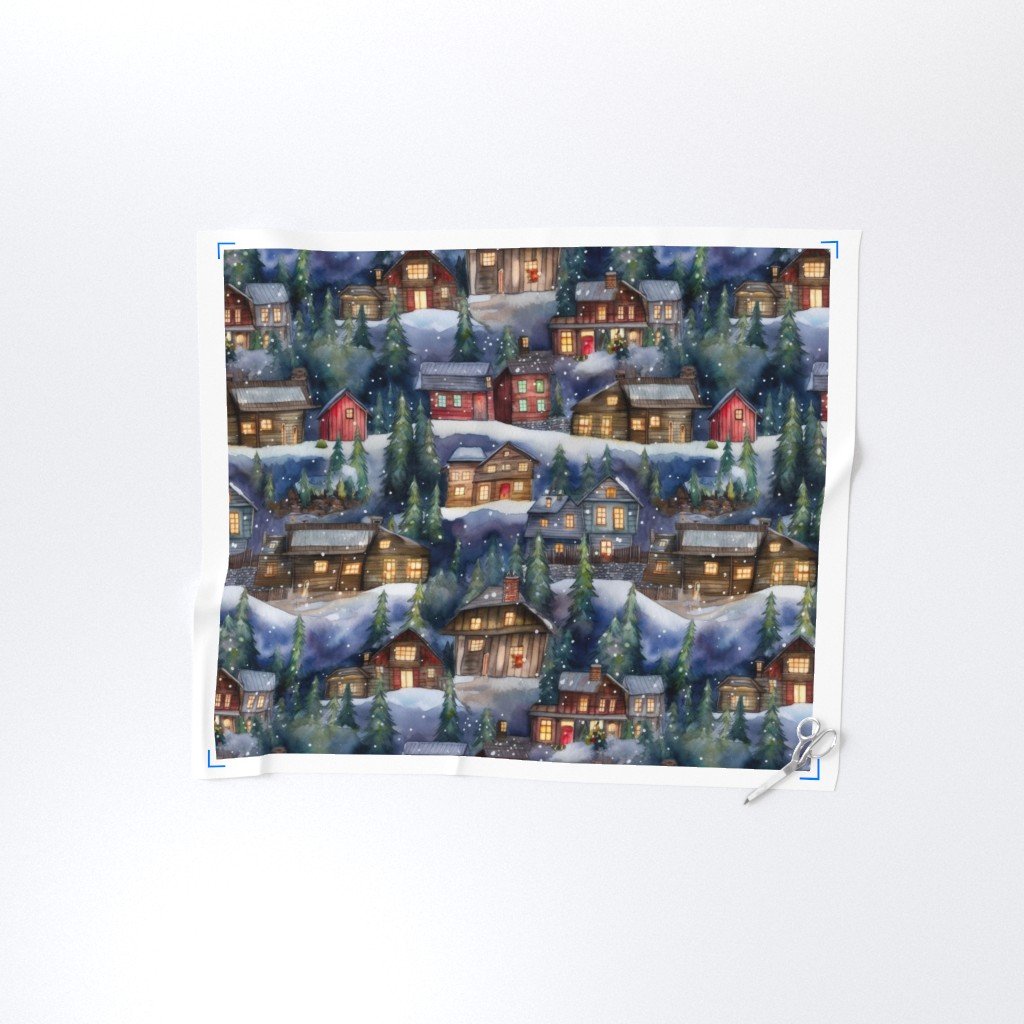 Large Christmas Christmas Rustic Village Winter Cabins Watercolor Home Decor Collection Home Styling Collection rustic cabins fabric
