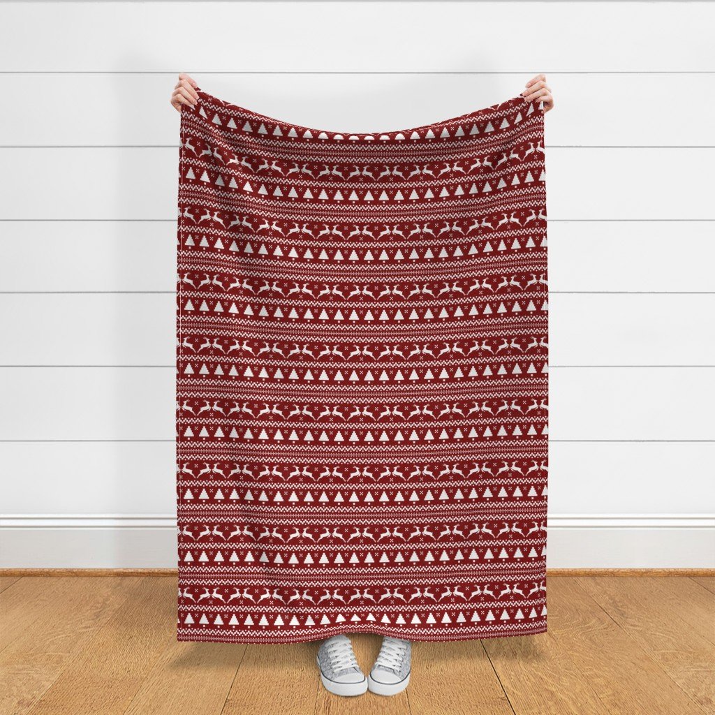 Large Dark Christmas Candy Apple Red Nordic Reindeer Stripe in White Home Decor Collection Interior Collection red stripe fabric
