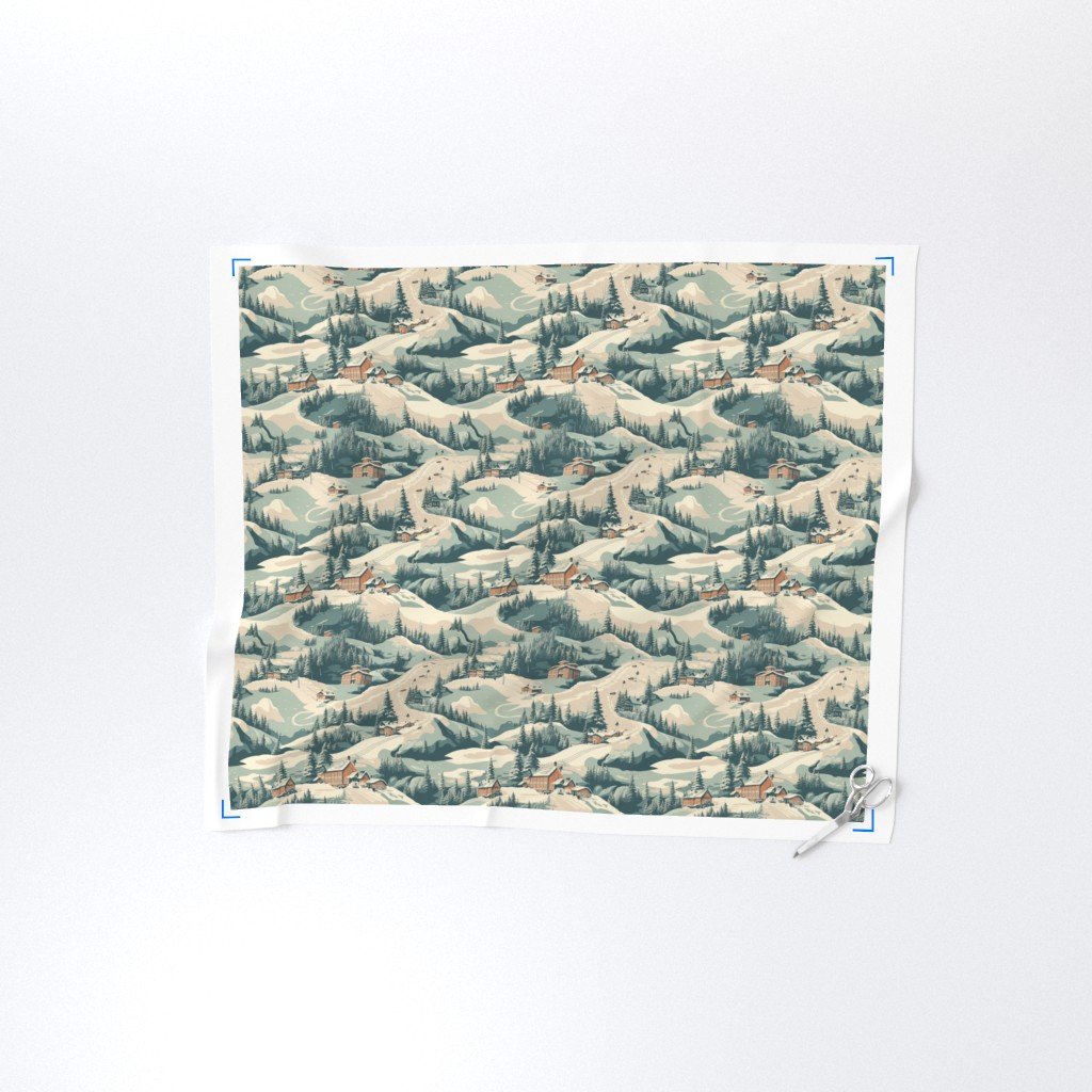 Small Vintage Ski Slope Cabins in Woods Blue Interior Collection Home Styling Collection snowscape winter fabric