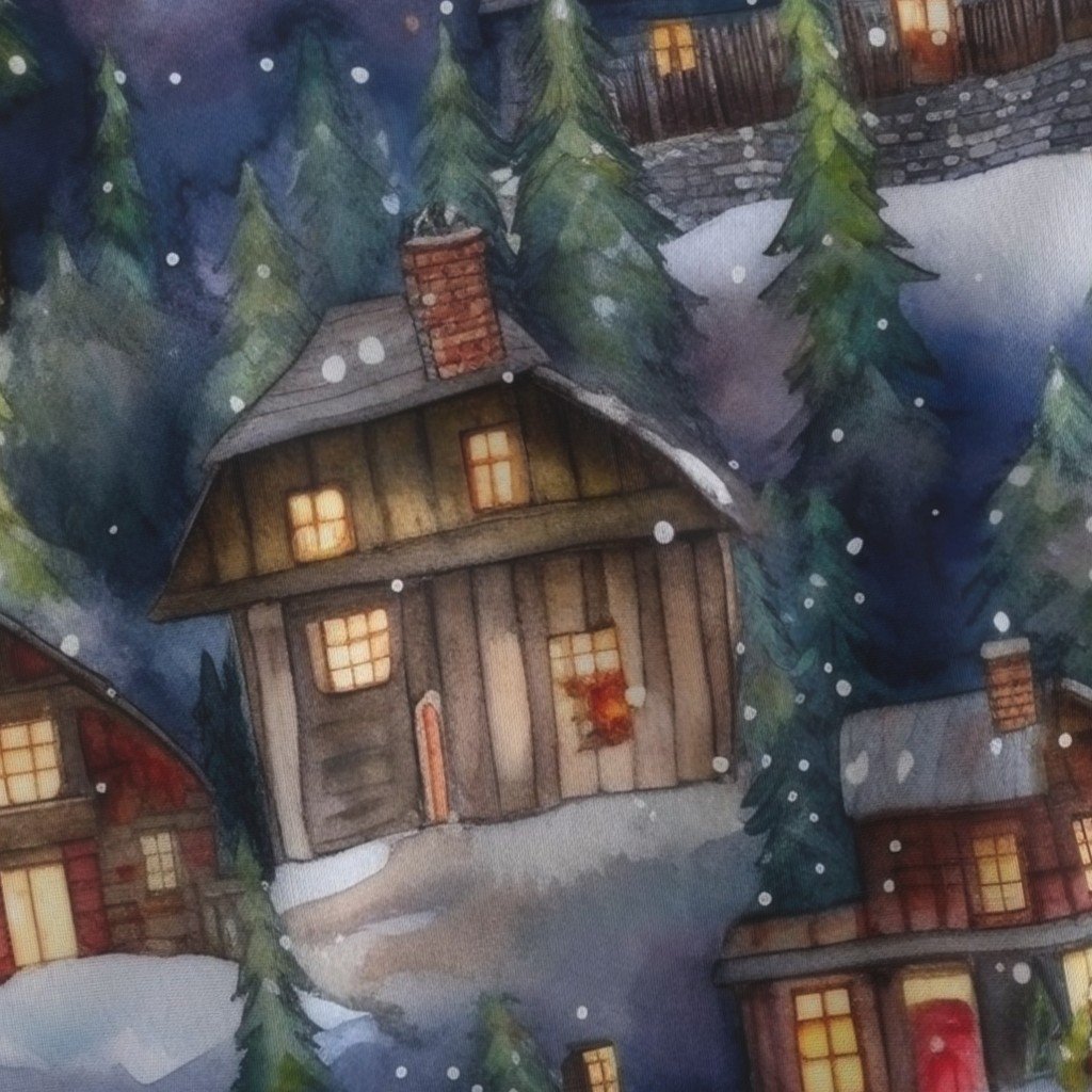 Large Christmas Christmas Rustic Village Winter Cabins Watercolor Home Decor Collection Home Styling Collection rustic village fabric