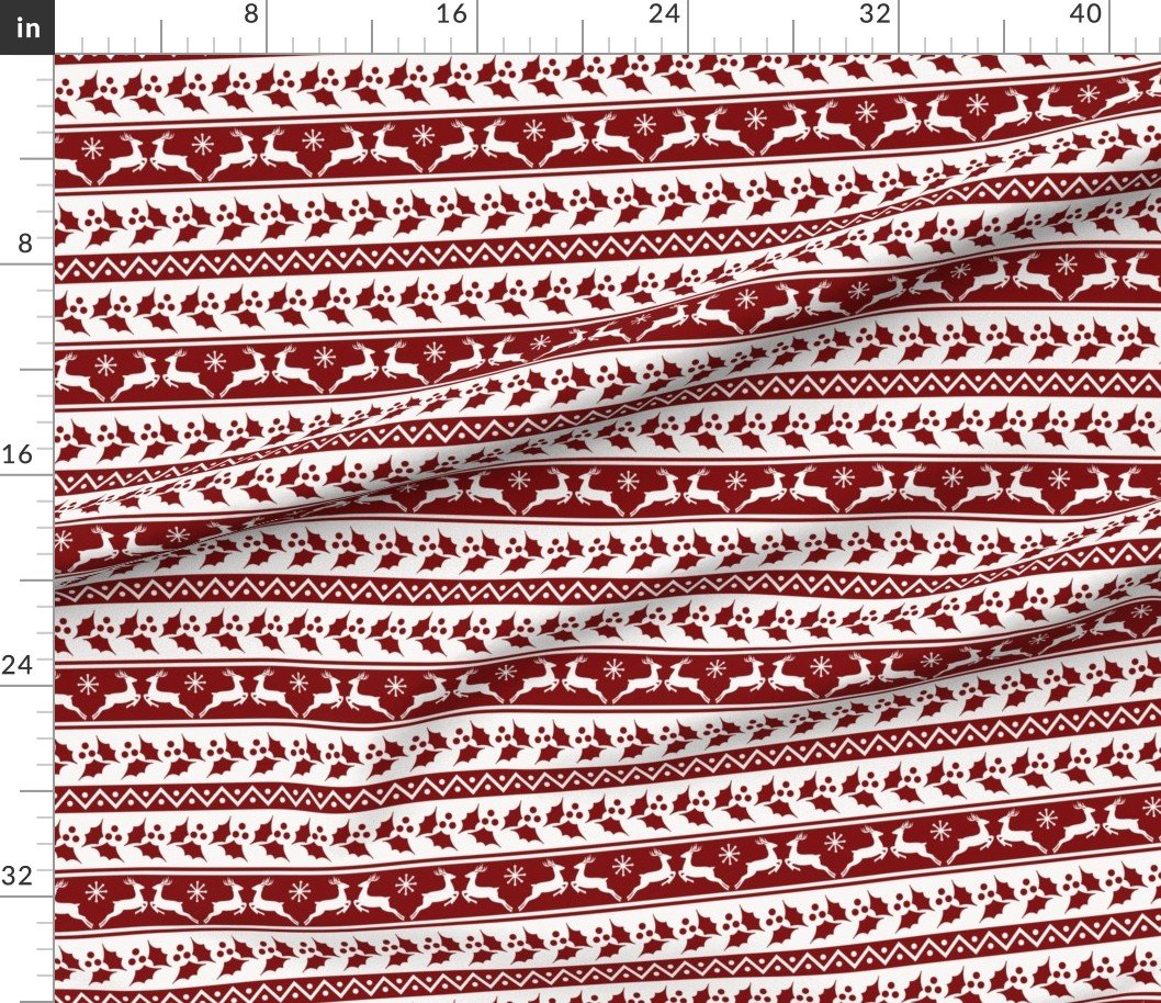 Large Dark Christmas Candy Apple Red Nordic Reindeer Stripe in White Design Collection Home Styling Collection reindeer stripe fabric