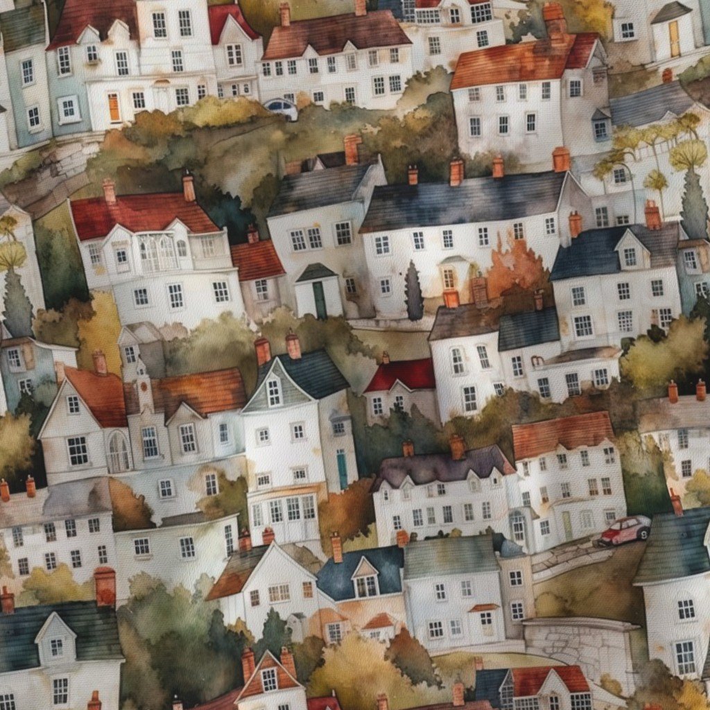 Small English Town Houses in Watercolor Decor Collection Home Styling Collection quaint houses fabric