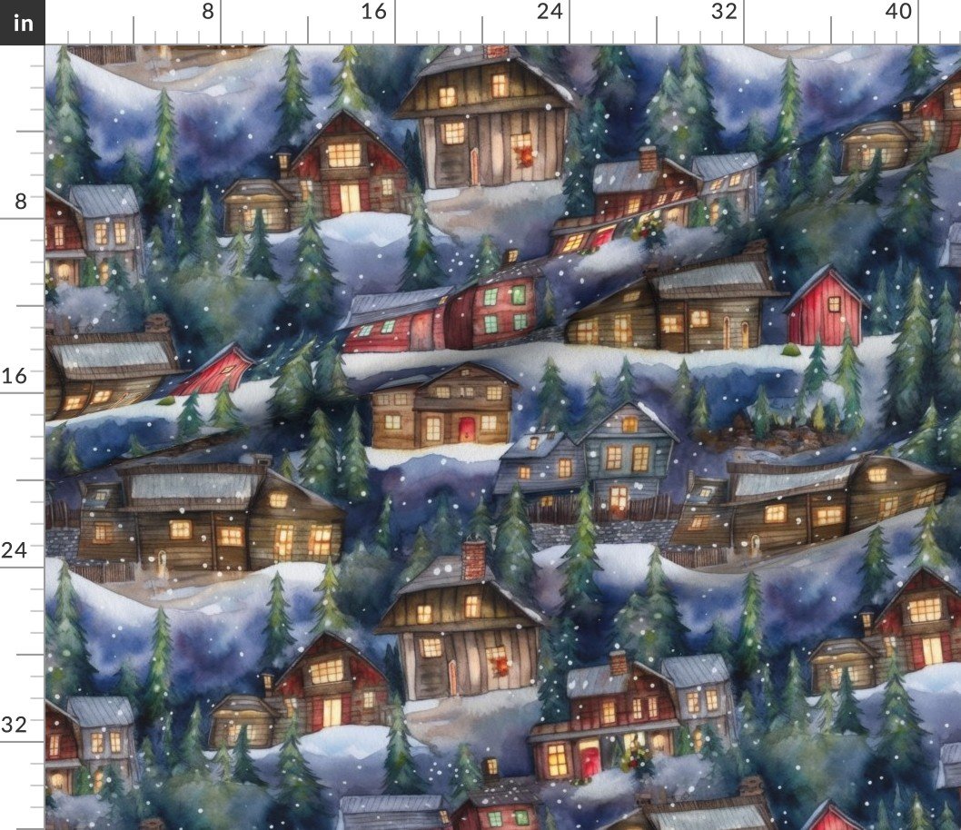 Large Christmas Christmas Rustic Village Winter Cabins Watercolor Home Decor Collection Home Styling Collection snowy christmas fabric