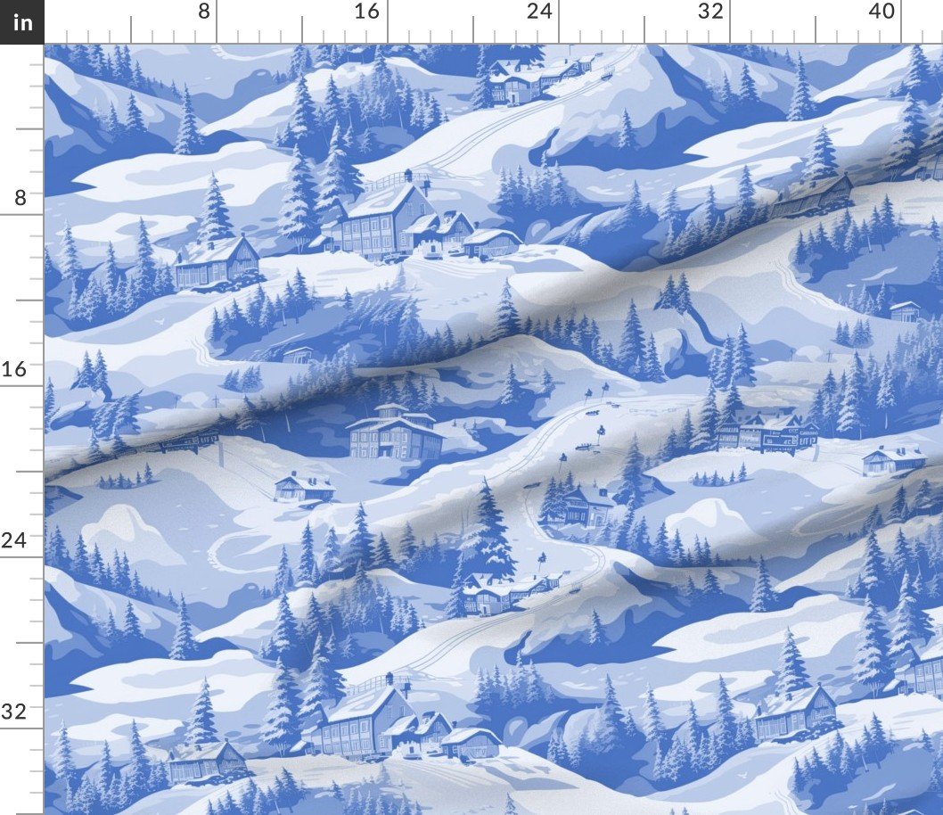 Small Montana Winter Cabins Montana with Evergreens in Mid China Blue Interior Collection Decor Collection ski slope fabric