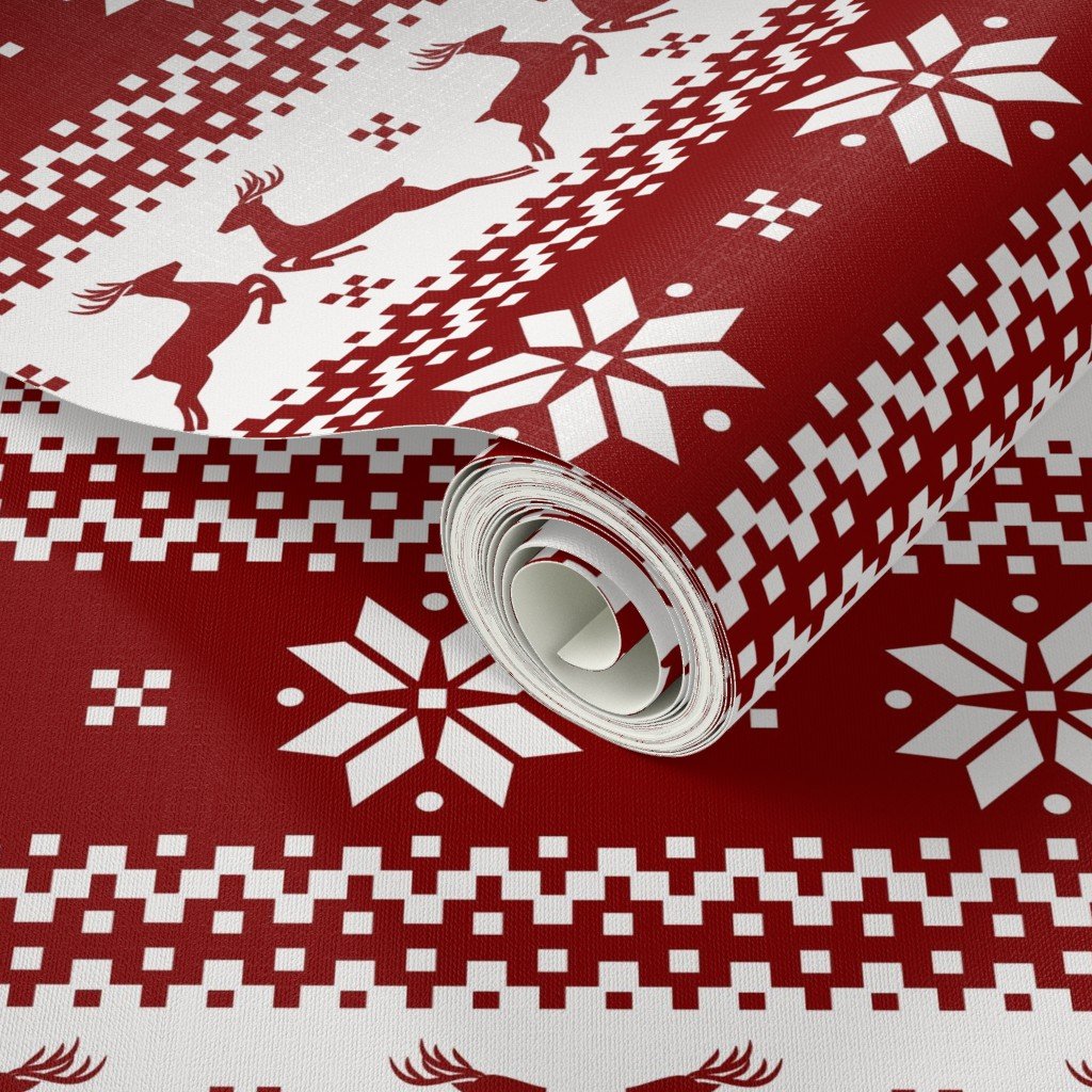 Large Dark Christmas Candy Apple Red Nordic Reindeer Stripe Wallpaper nordic pattern wallpaper