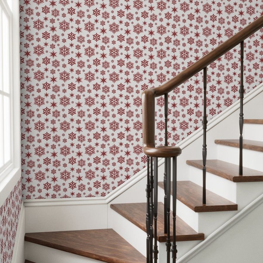 Large Dark Christmas Candy Apple Red Snowflakes on White Wallpaper candy red wallpaper