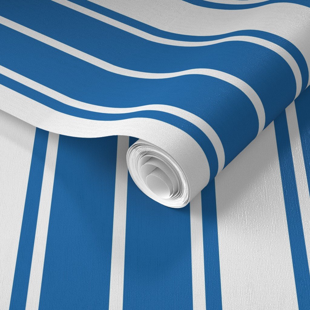 Biscayne Bay Blue and White Vertical French Stripe Wallpaper jumbo stripe wallpaper