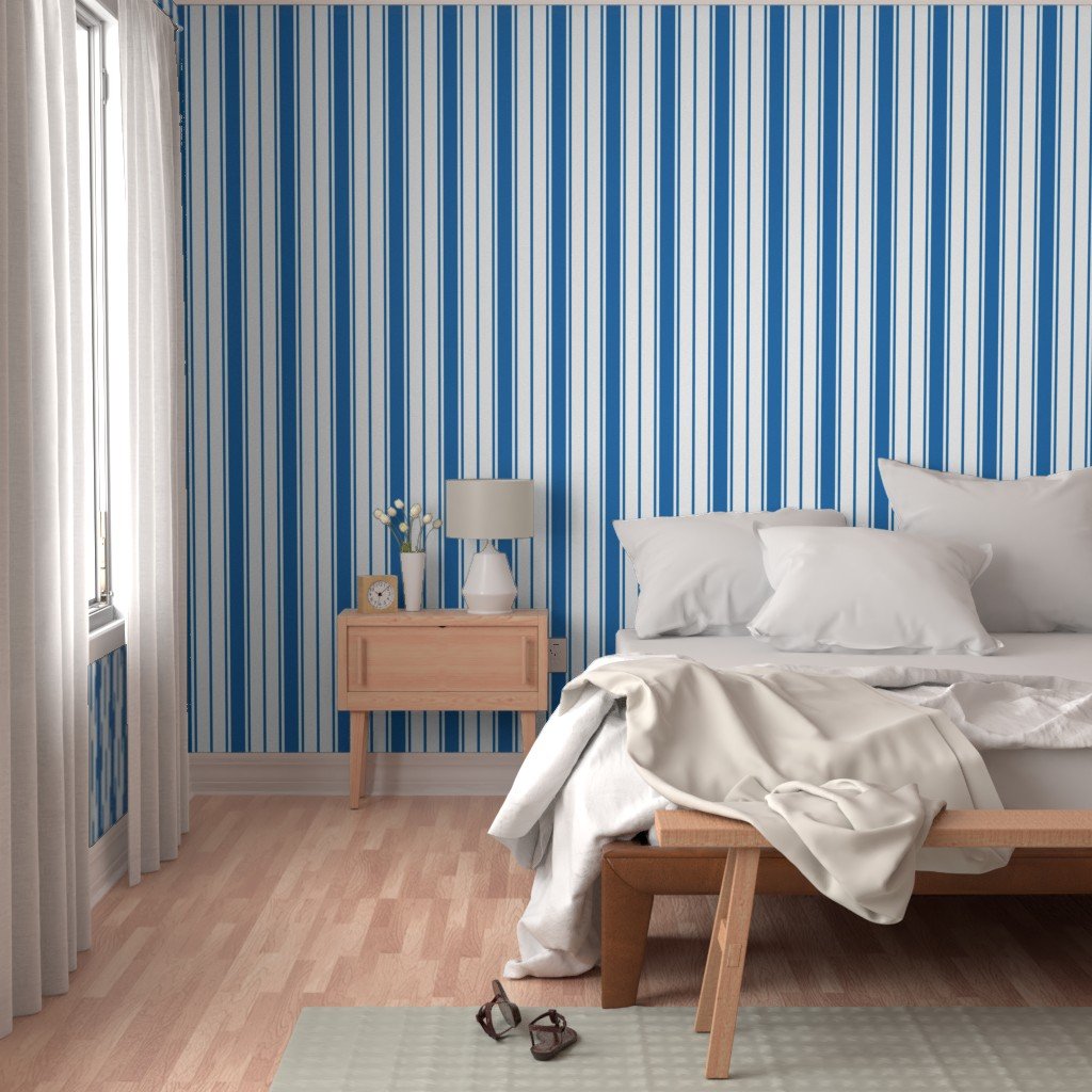 Biscayne Bay Blue and White Vertical French Stripe Wallpaper jumbo stripe wallpaper