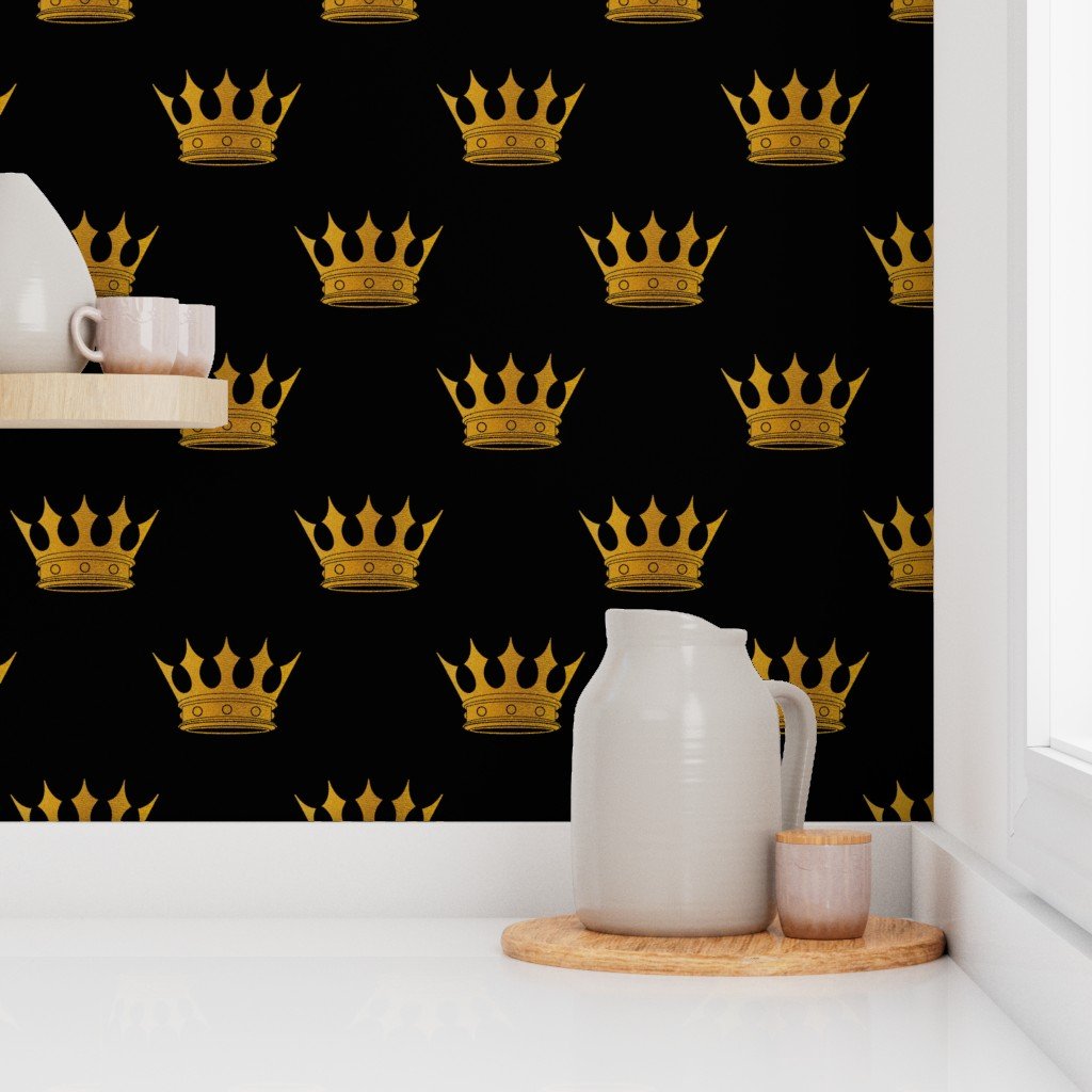 Midnight Black Faux Metallic Gold Crowns Wallpaper faux gold wallpaper