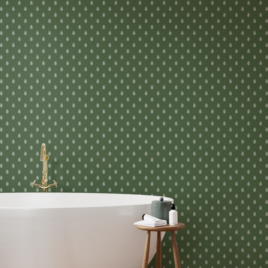 Christmas Pine Cone in Bright White on Fir Tree Green Wallpaper bright white cone wallpaper