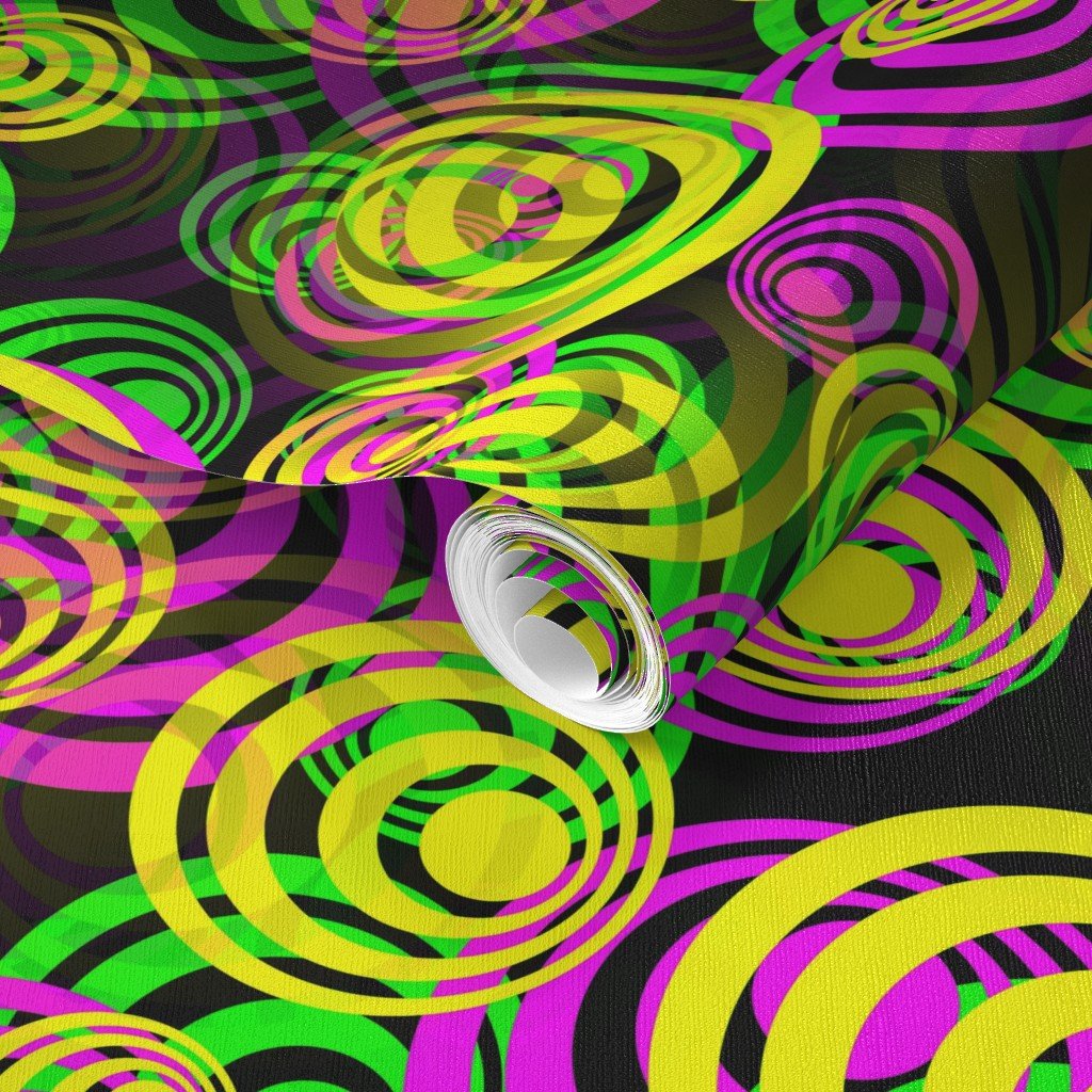 Bright Yellow Pink and Green 70s Hippy Circles Wallpaper disco pattern wallpaper