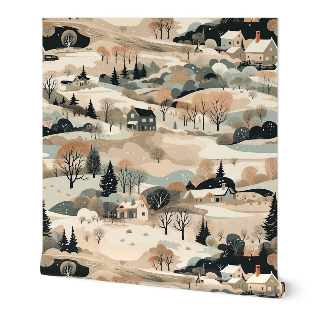 Vintage New England Village Winter Wallpaper snowy landscape wallpaper