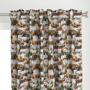 Small English Town Houses in Watercolor Decor Collection Home Styling Collection english houses curtain design