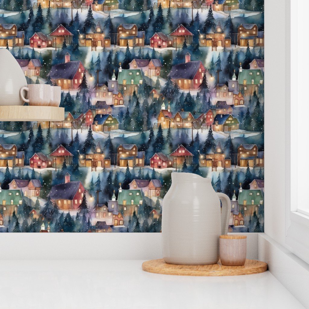 Montana Christmas at Midnight Street Watercolor Wallpaper christmas lights wallpaper
