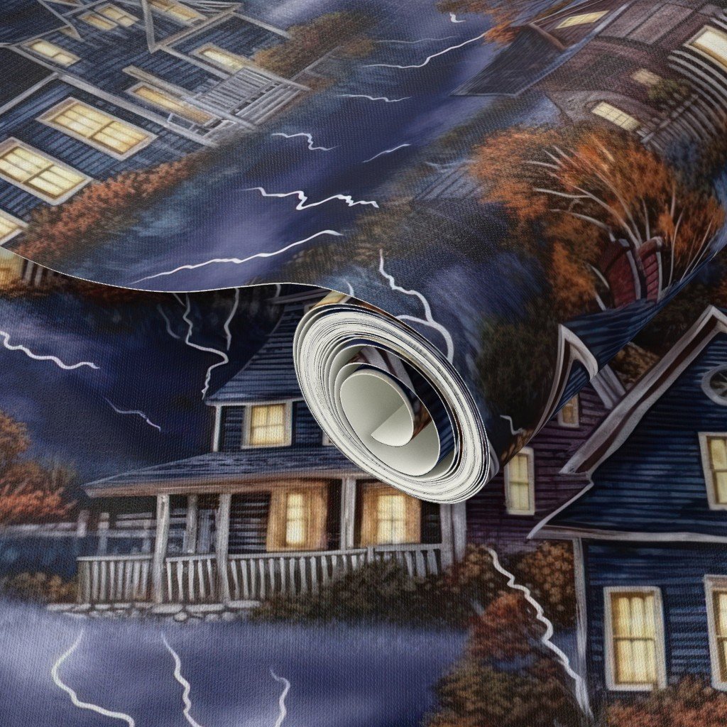 New England Haunted Village at Night with Lightning Storm Wallpaper halloween night wallpaper