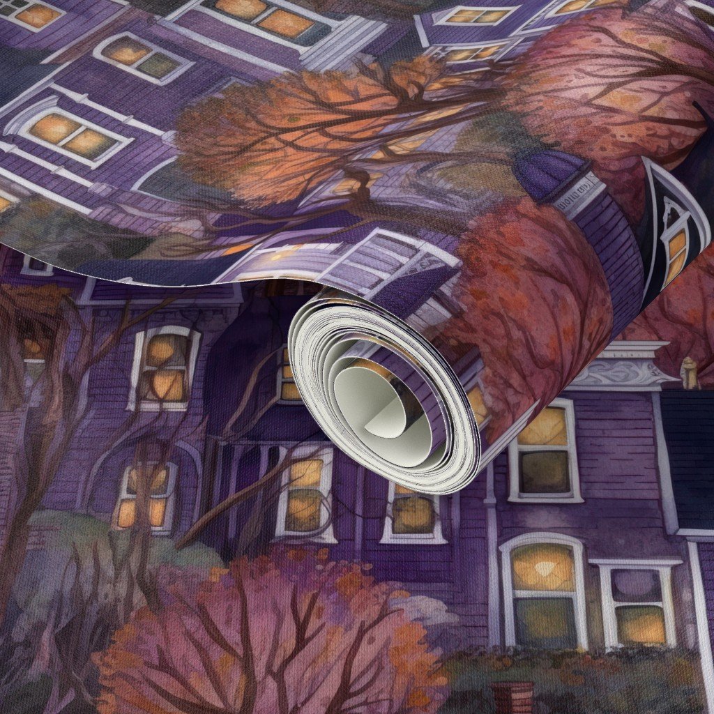 Bright Purple Haunted New England Village Watercolor Wallpaper halloween night wallpaper