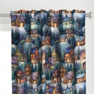 Large Christmas Rustic Country Winter Cabins Watercolor Decor Collection Design Collection christmas scene curtain design