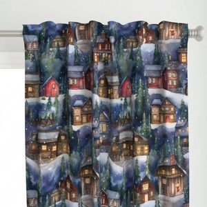 Large Christmas Christmas Rustic Village Winter Cabins Watercolor Home Decor Collection Home Styling Collection christmas scene curtain design