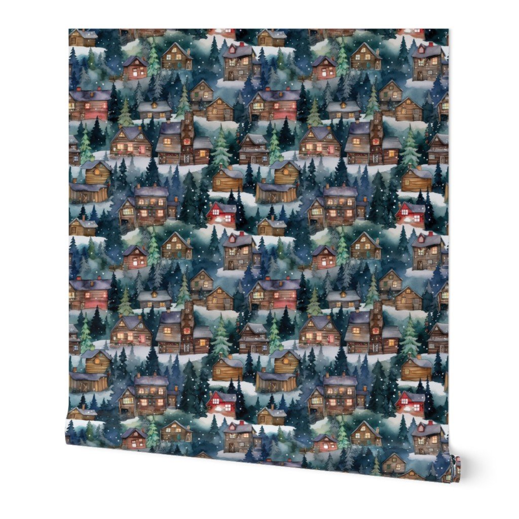 Small Christmas Christmas Rugged Country Winter Cabins Watercolor Wallpaper christmas scene wallpaper