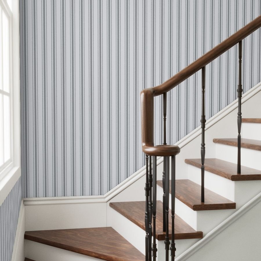 Grey Blue French Provincial Ticking Stripe on Off-White Wallpaper french provincial wallpaper