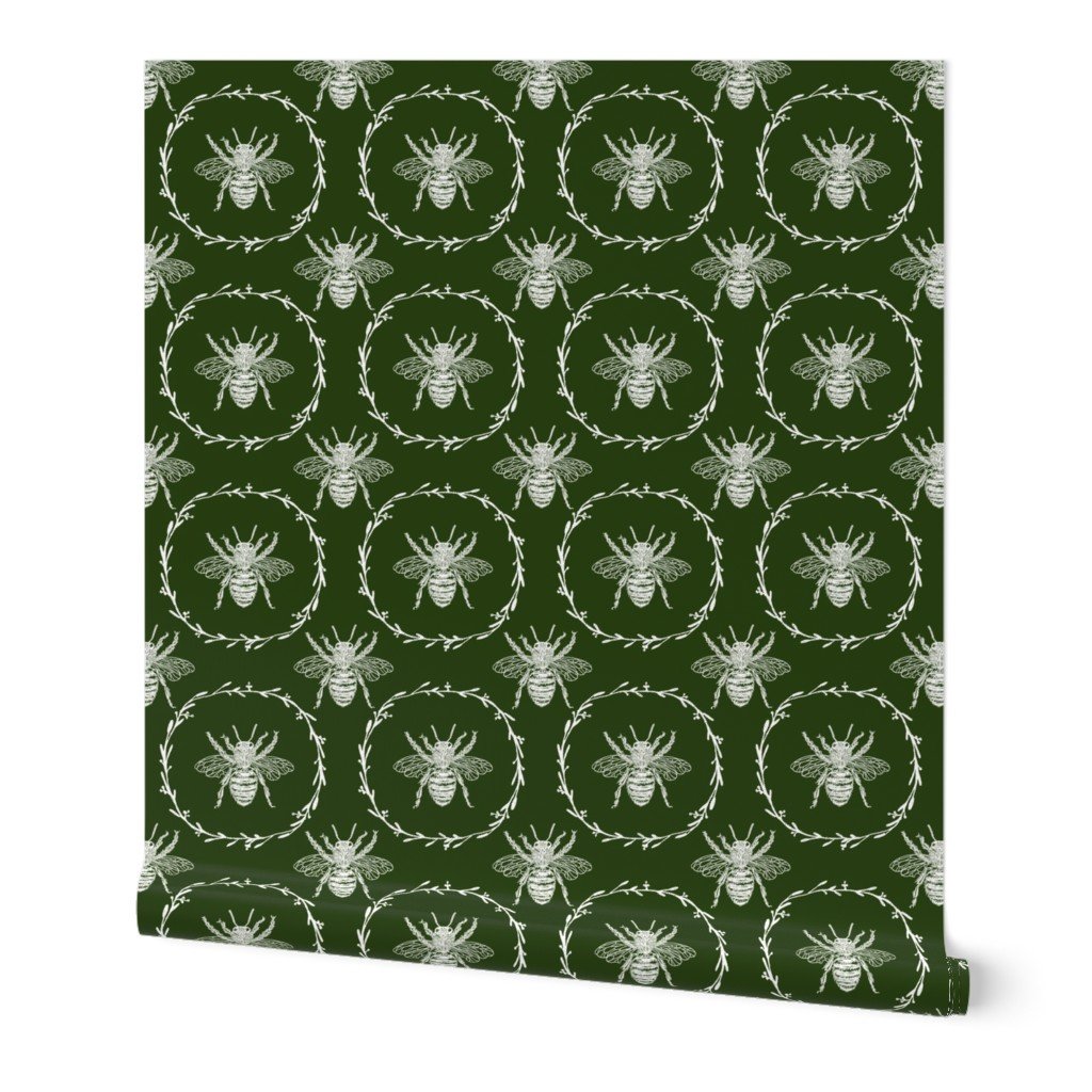 Large French Provincial Bees in Laurel Wreaths in White on Lichen Wallpaper bees in wreaths wallpaper