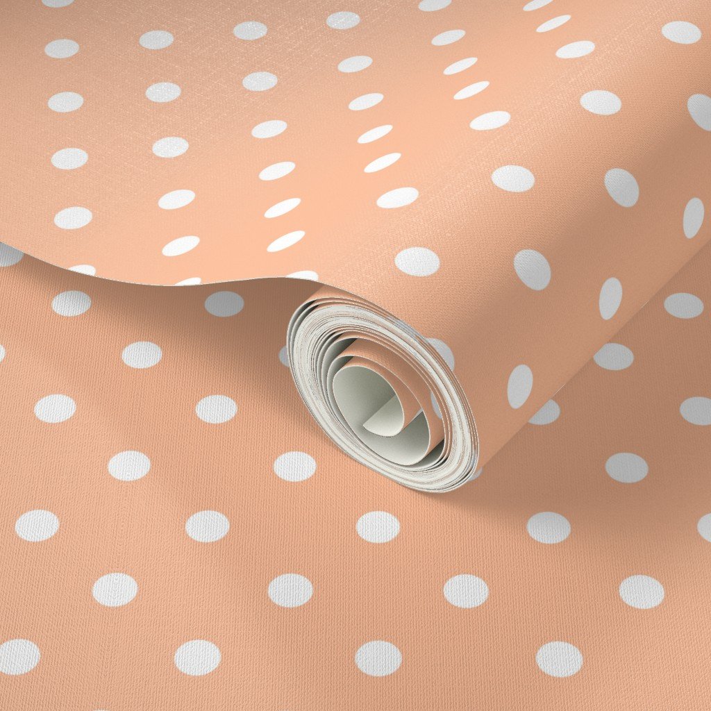 One Inch Polka Dot Spots in Peach Fuzz Color of the Year 2024 and White Home Decor Collection Home Decor Collection polka dots wallpaper