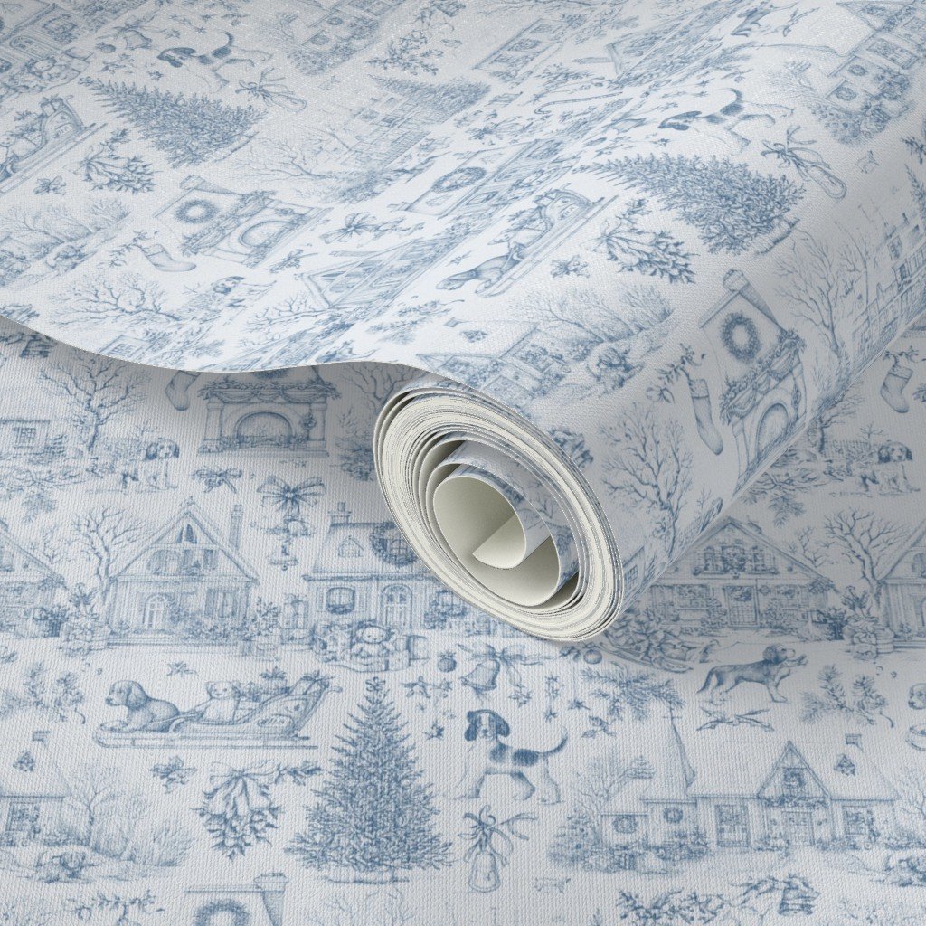 Christmas Dogs Toile Blue Wallpaper christmas dogs wallpaper