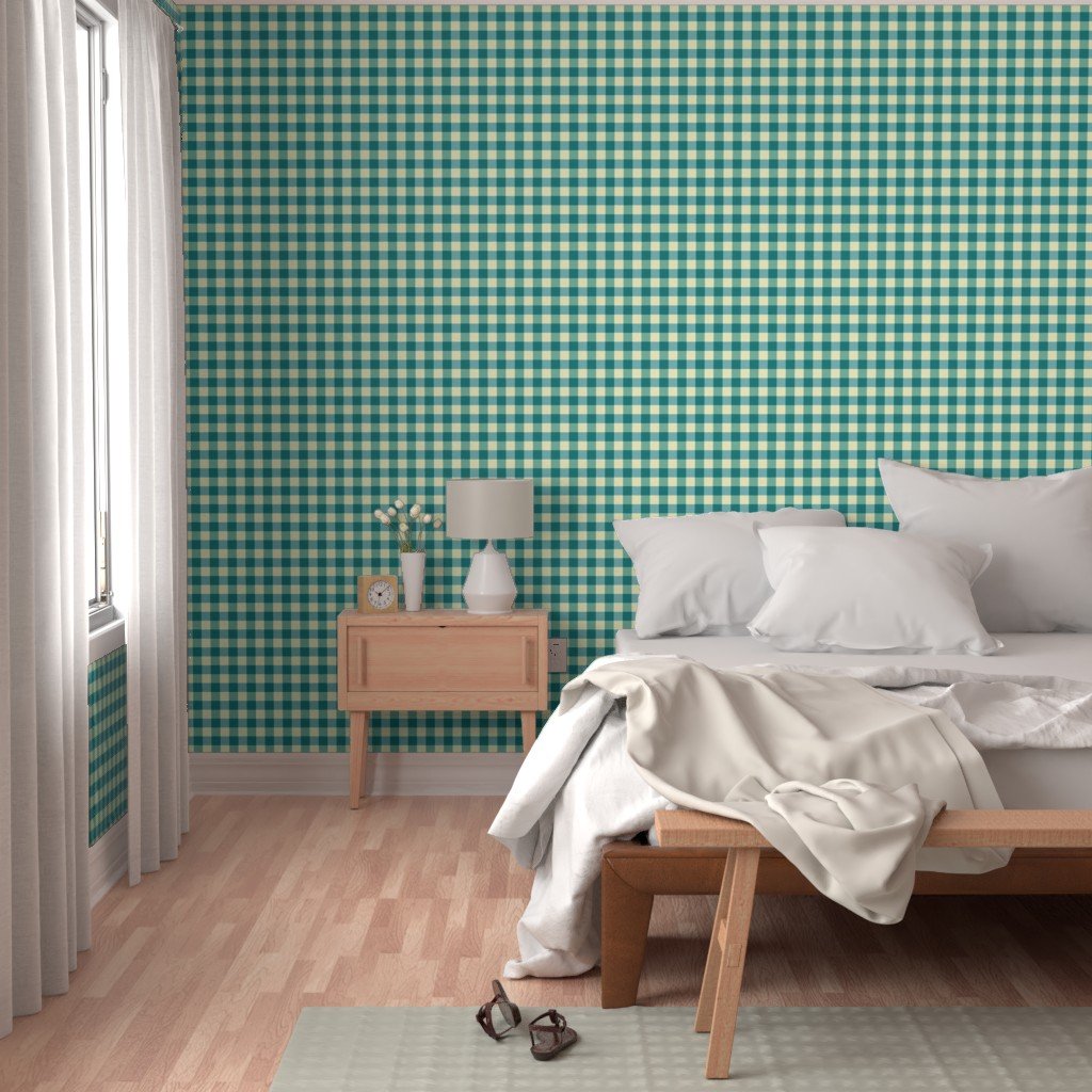 Teal and Cream White 2 Inch Gingham Wallpaper classic gingham wallpaper