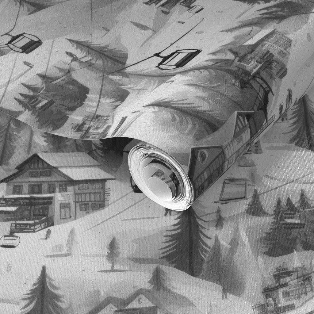 Vintage Ski Slope Cabins in Black and White Wallpaper black and white wallpaper