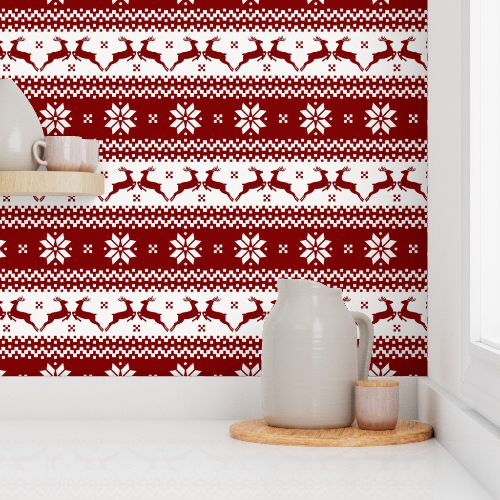 Large Dark Christmas Candy Apple Red Nordic Reindeer Stripe Wallpaper nordic reindeer wallpaper