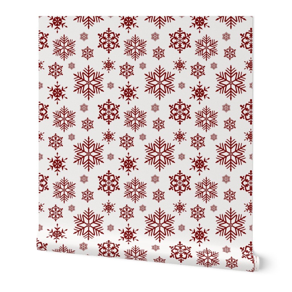 Large Dark Christmas Candy Apple Red Snowflakes on White Wallpaper ice crystals wallpaper