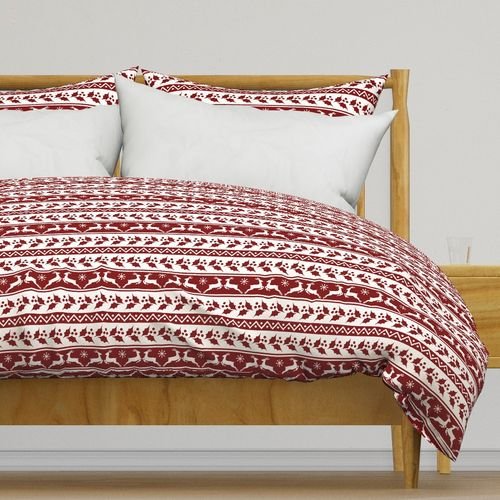 Large Dark Christmas Candy Apple Red Nordic Reindeer Stripe in White Design Collection Home Styling Collection nordic reindeer duvet cover design