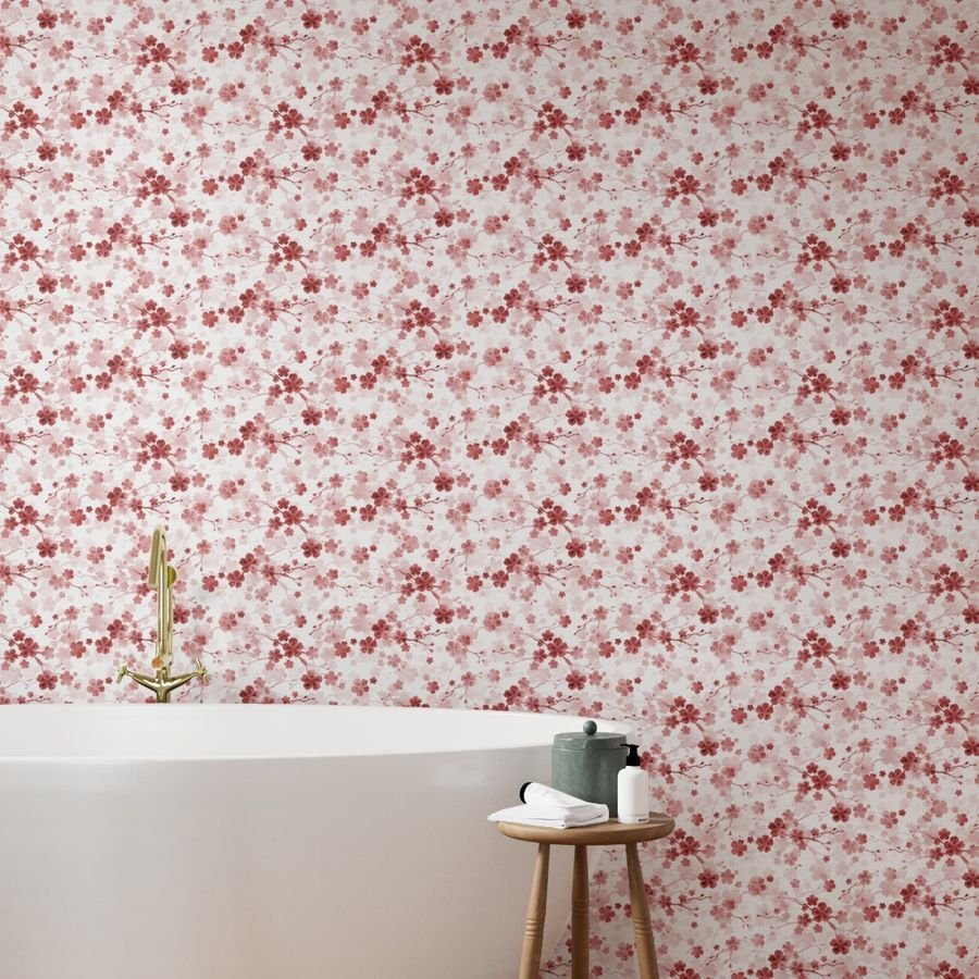 Bright Red Pastel Watercolor Cherry Blossom Flowers and Vines Wallpaper flowers vines wallpaper