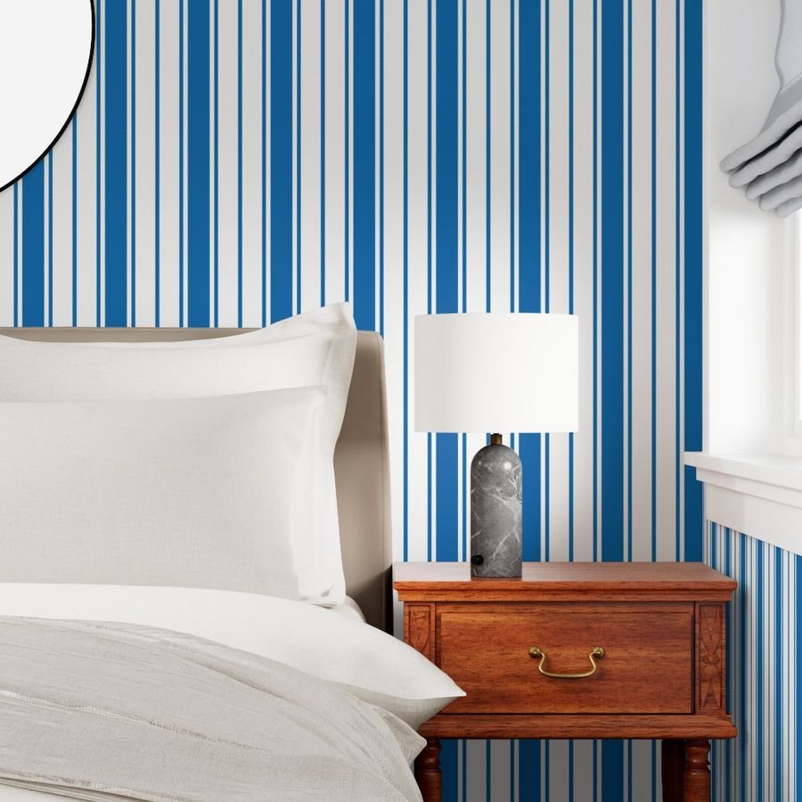 Biscayne Bay Blue and White Vertical French Stripe Wallpaper upholstery stripes wallpaper
