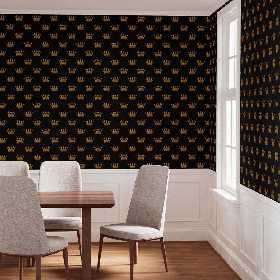 Midnight Black Faux Metallic Gold Crowns Wallpaper faux metallic wallpaper