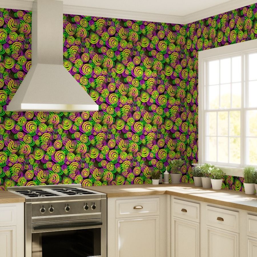 Bright Yellow Pink and Green 70s Hippy Circles Wallpaper disco print wallpaper