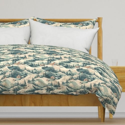 Small Vintage Ski Slope Cabins in Woods Blue Interior Collection Home Styling Collection ski village duvet cover design