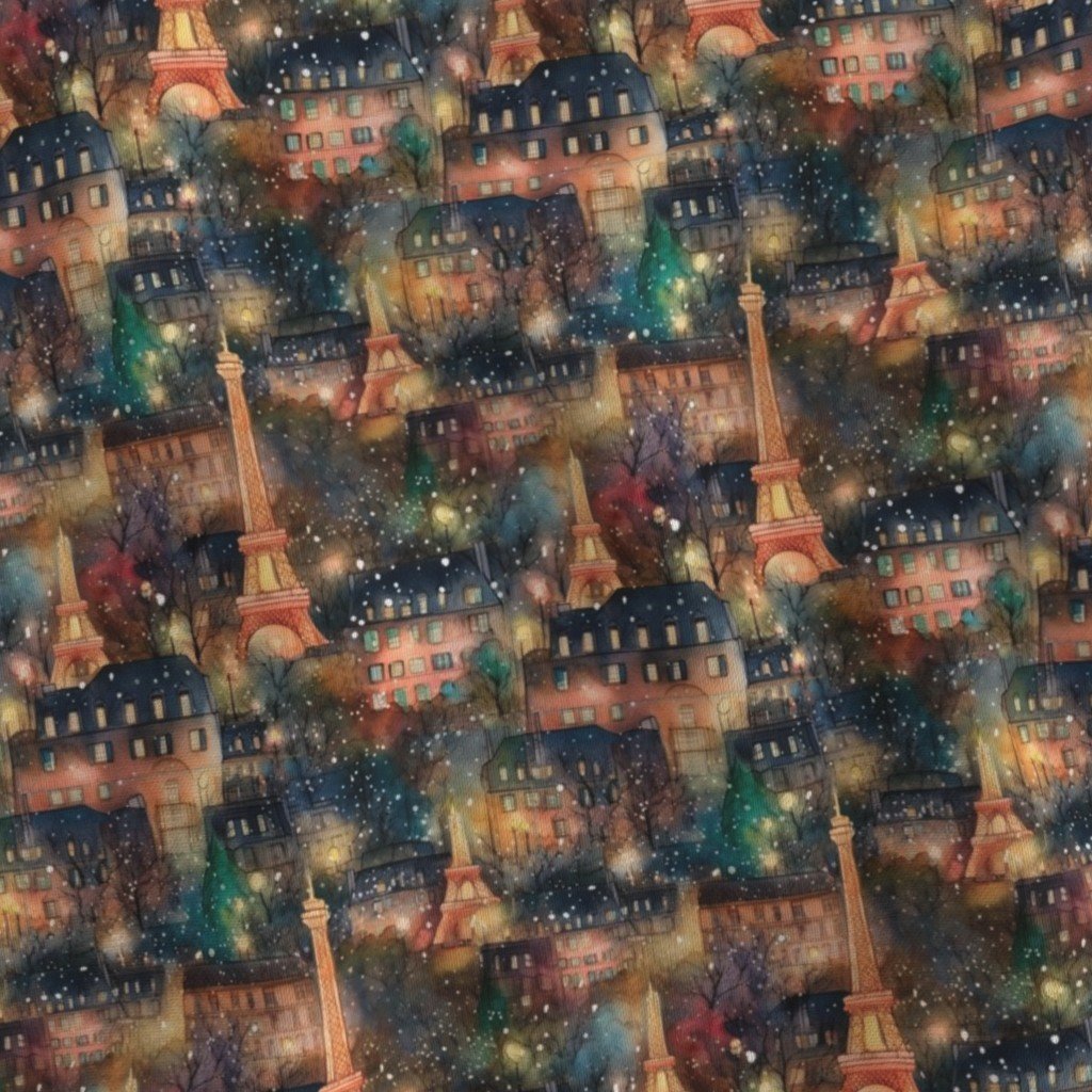 Small Paris City Christmas Street Scene Watercolor Fabric design fabric