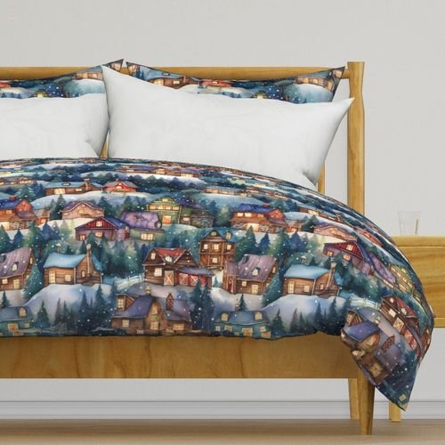 Large Christmas Rustic Country Winter Cabins Watercolor Decor Collection Design Collection christmas village duvet cover design