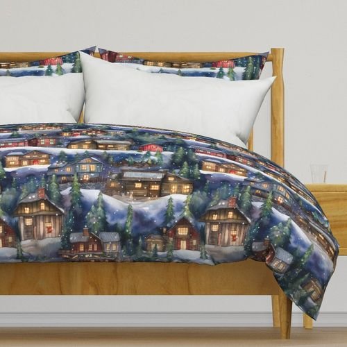 Large Christmas Christmas Rustic Village Winter Cabins Watercolor Home Decor Collection Home Styling Collection christmas village duvet cover design