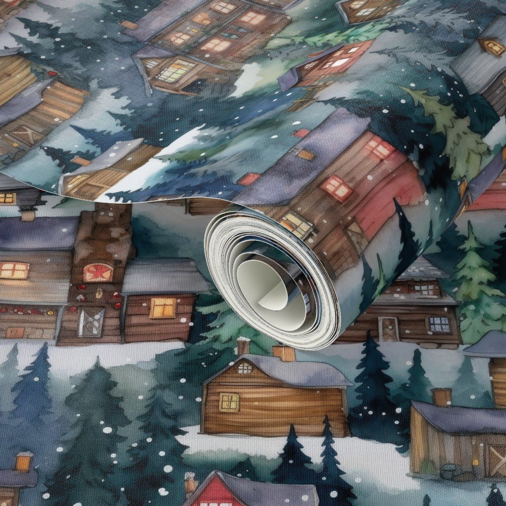 Small Christmas Christmas Rugged Country Winter Cabins Watercolor Wallpaper christmas village wallpaper