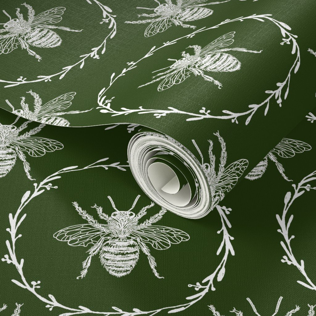 Large French Provincial Bees in Laurel Wreaths in White on Lichen Wallpaper french bee wallpaper