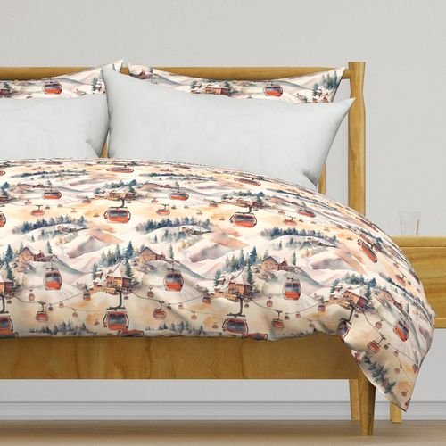 Vintage Ski Slope Cabins in Soft Pastels Design Collection Interior Collection ski scene duvet cover design