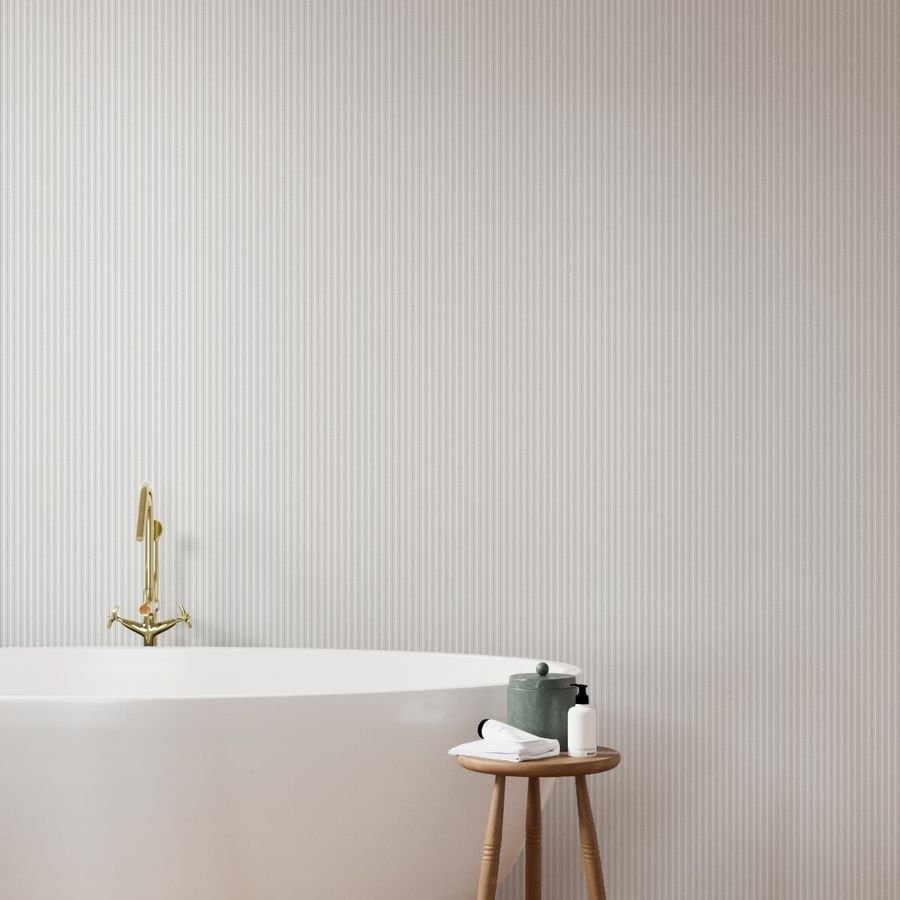 Warm Beige Thin Ticking Stripes on White Wallpaper cozy wallpaper