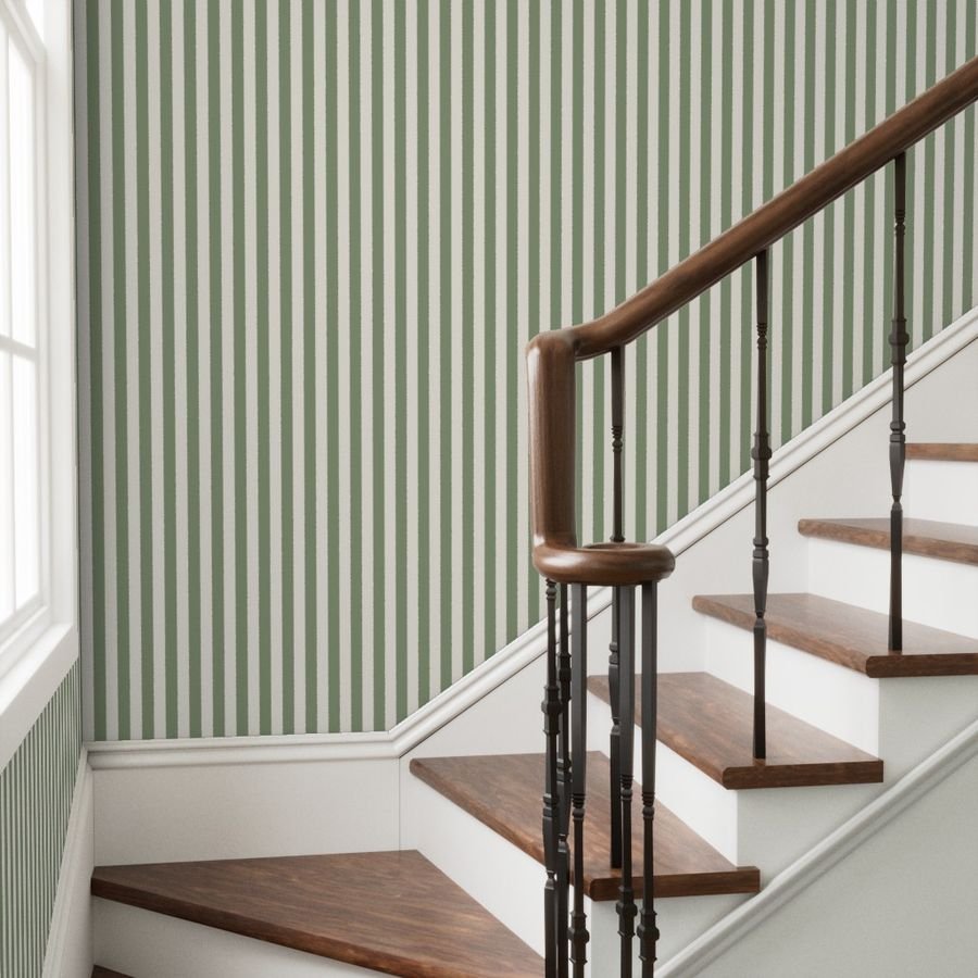 Classic Ivory and Sage Green One Inch Broad Stripe Pattern Wallpaper green stripe wallpaper